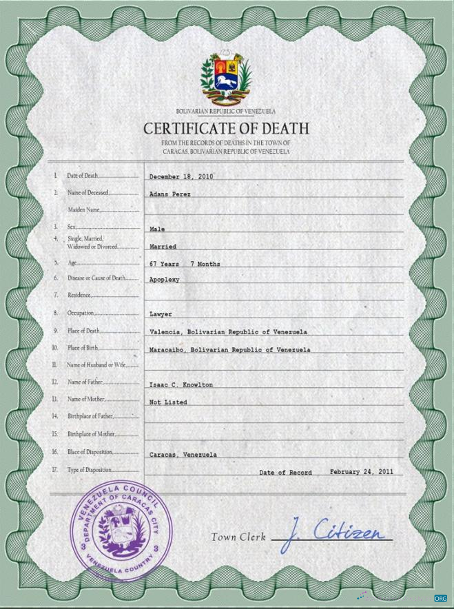 Download Venezuela vital record death certificate PSD template Photoshop template
